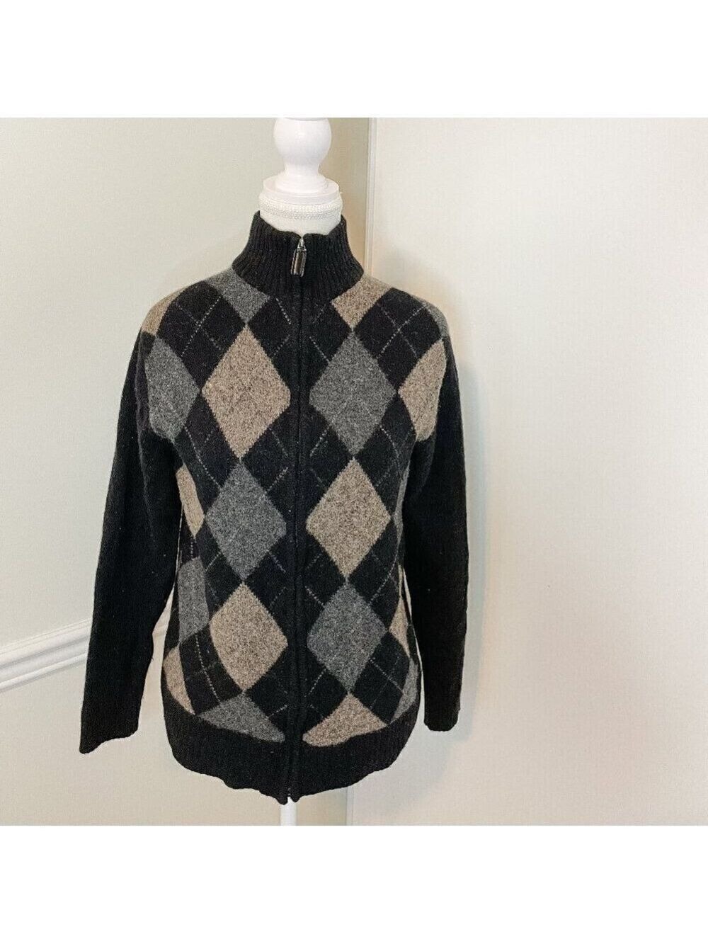 Mantles Wool Cashmere Front Zip Argyle Sweater Small